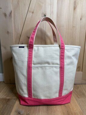 Lands’ End XL Canvas Tote Bag Pink Natural Zip Top Cotton Beach Travel Bag Pocke